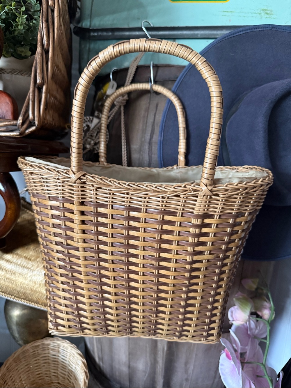 1960s Woven Two-Tone Brown Tote Bag with Handles